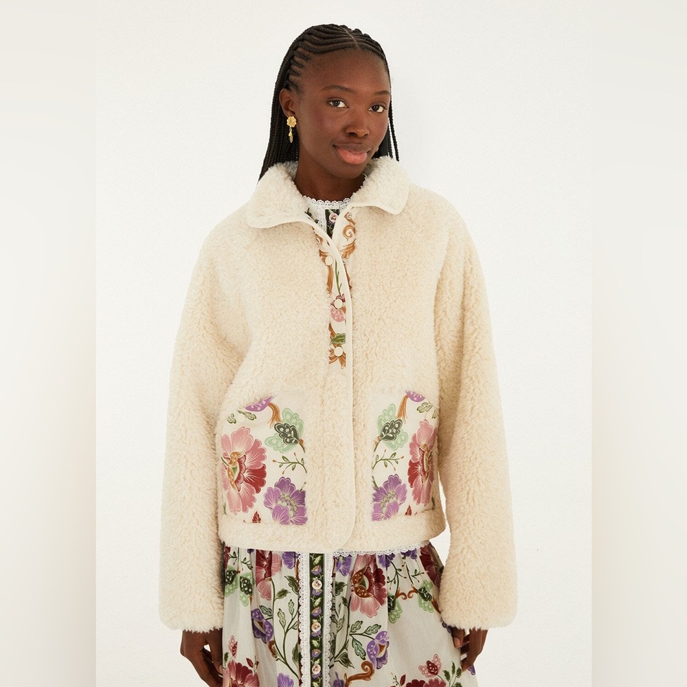 Farm Rio Cream Rococo Flowers Bomber Fleece Jacket